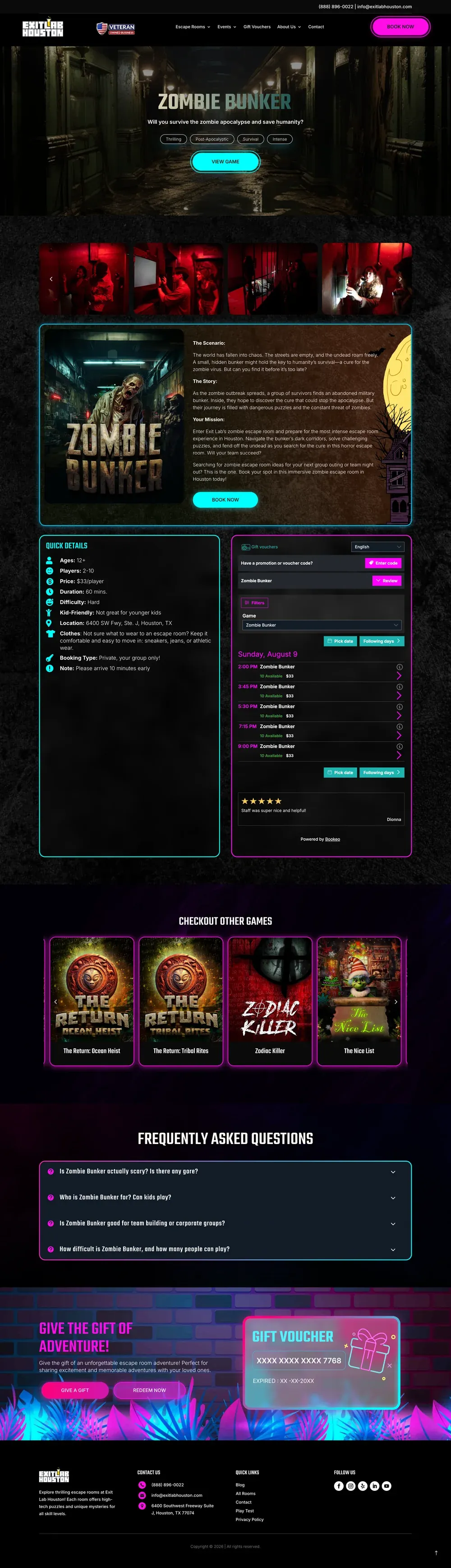 An escape-room website booking page in the Massive Impact framework style, for a zombie theme.