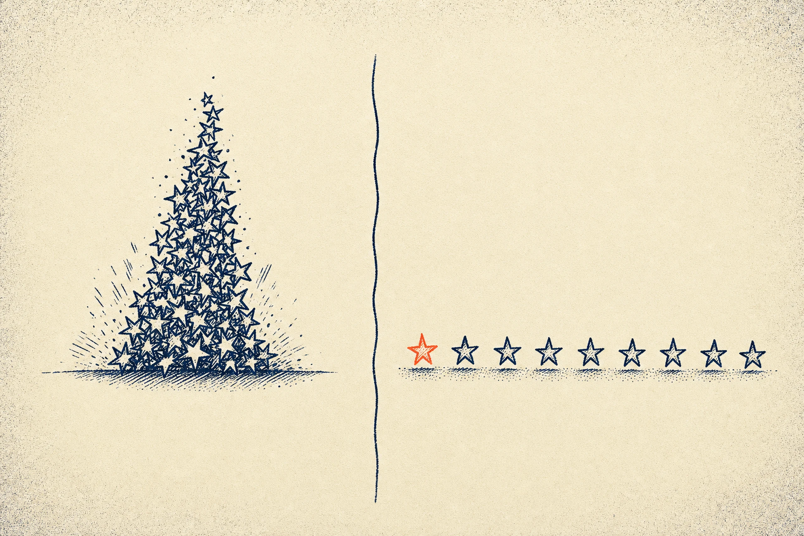 Two groups of review stars compared: a dense chaotic pile on the left, and an evenly spaced steady line on the right.