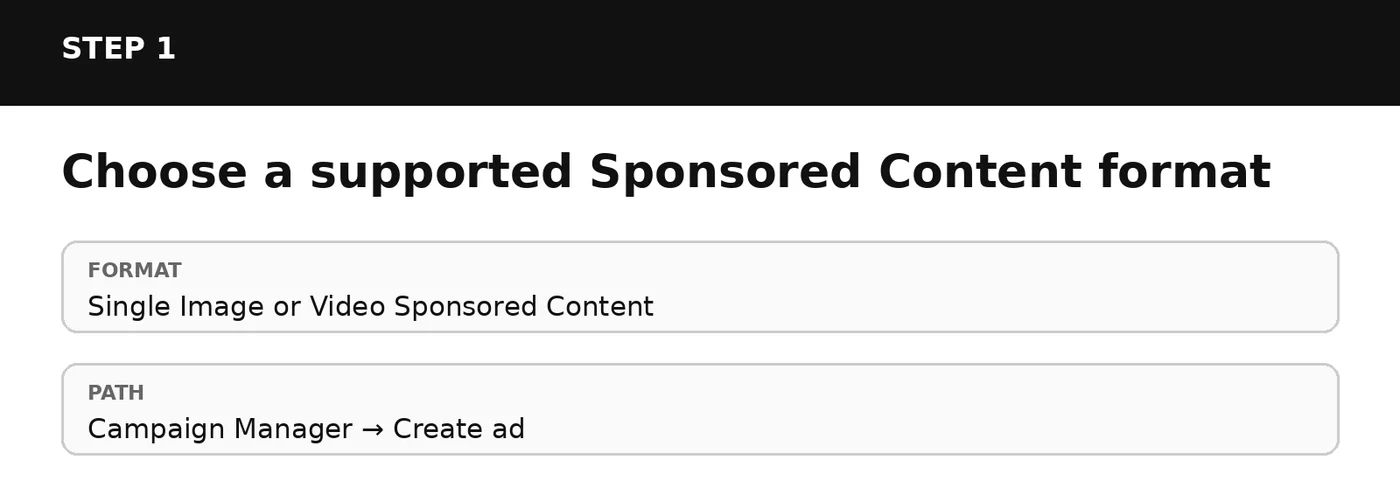 Step 1: choose a supported Sponsored Content format, single image or video, in Campaign Manager