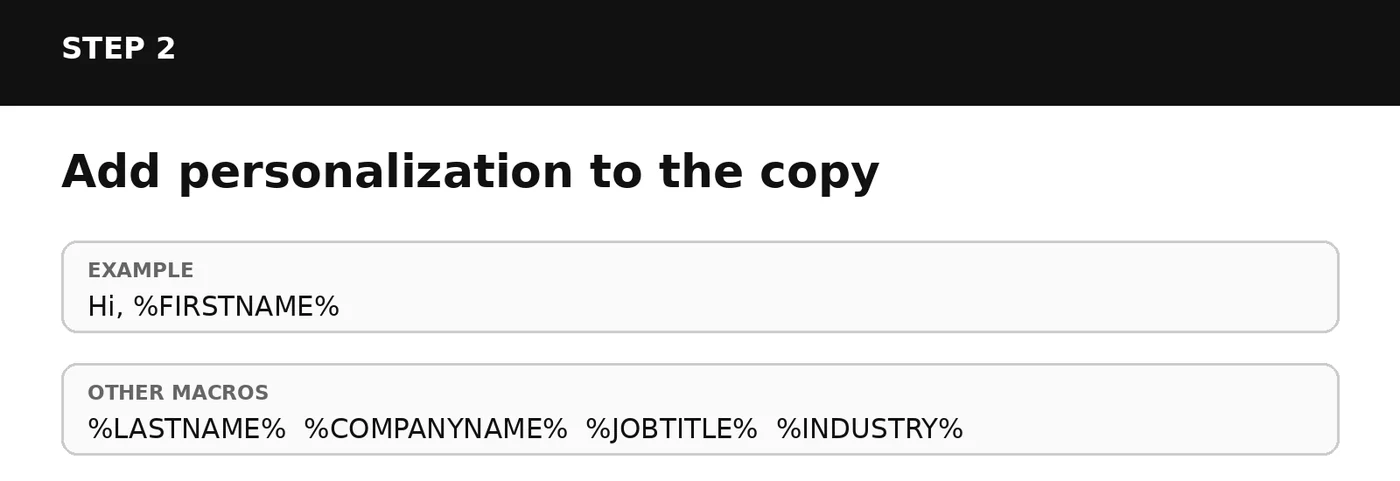 Step 2: add personalization macros such as %FIRSTNAME% to the ad copy