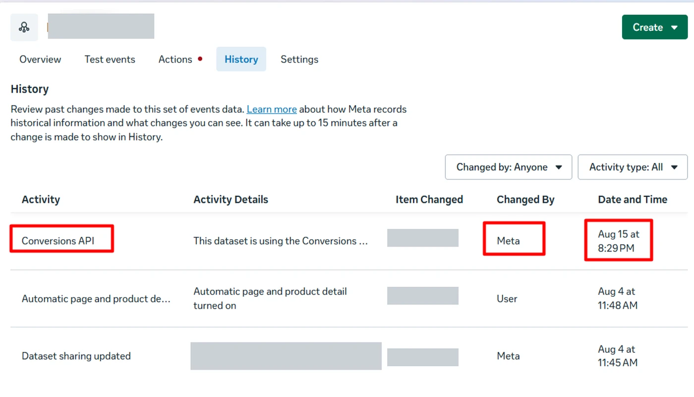 A dataset History tab in Meta Events Manager showing a Conversions API entry, with Changed By listed as Meta, dated August 15 at 8:29 PM.