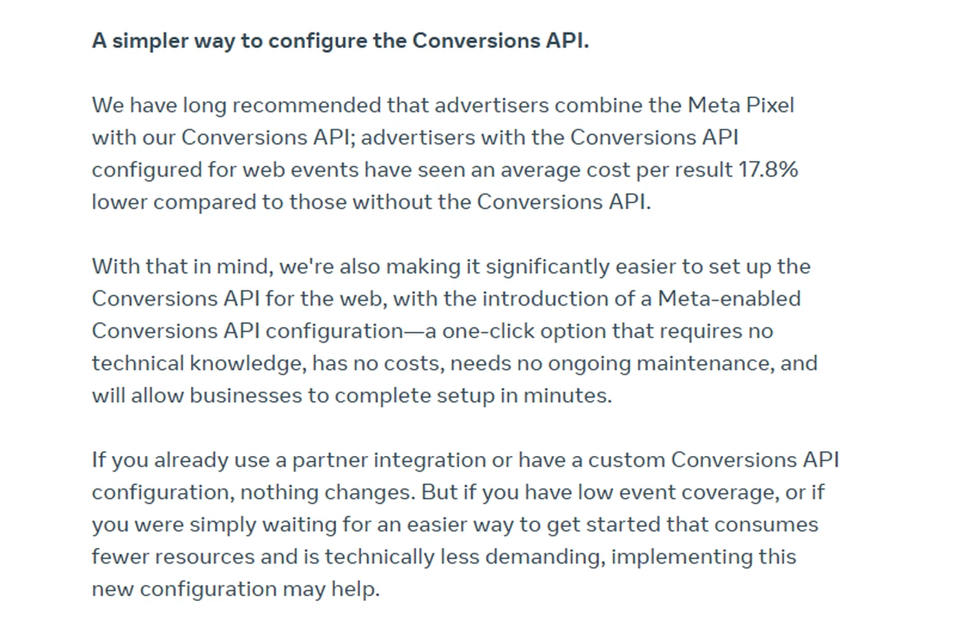 Meta's announcement describing a Meta-enabled Conversions API configuration: one click, no technical knowledge, no cost, no ongoing maintenance.
