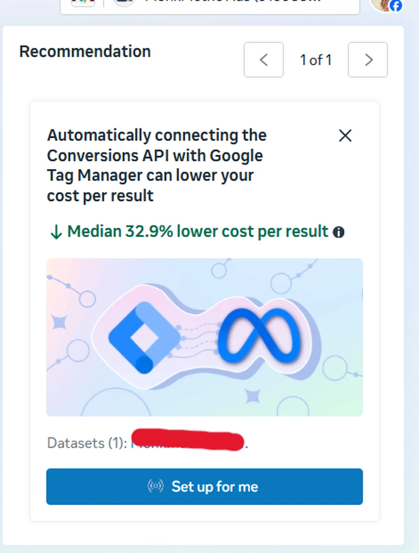 A Meta Events Manager recommendation card offering to automatically connect the Conversions API with Google Tag Manager, with a Set up for me button.