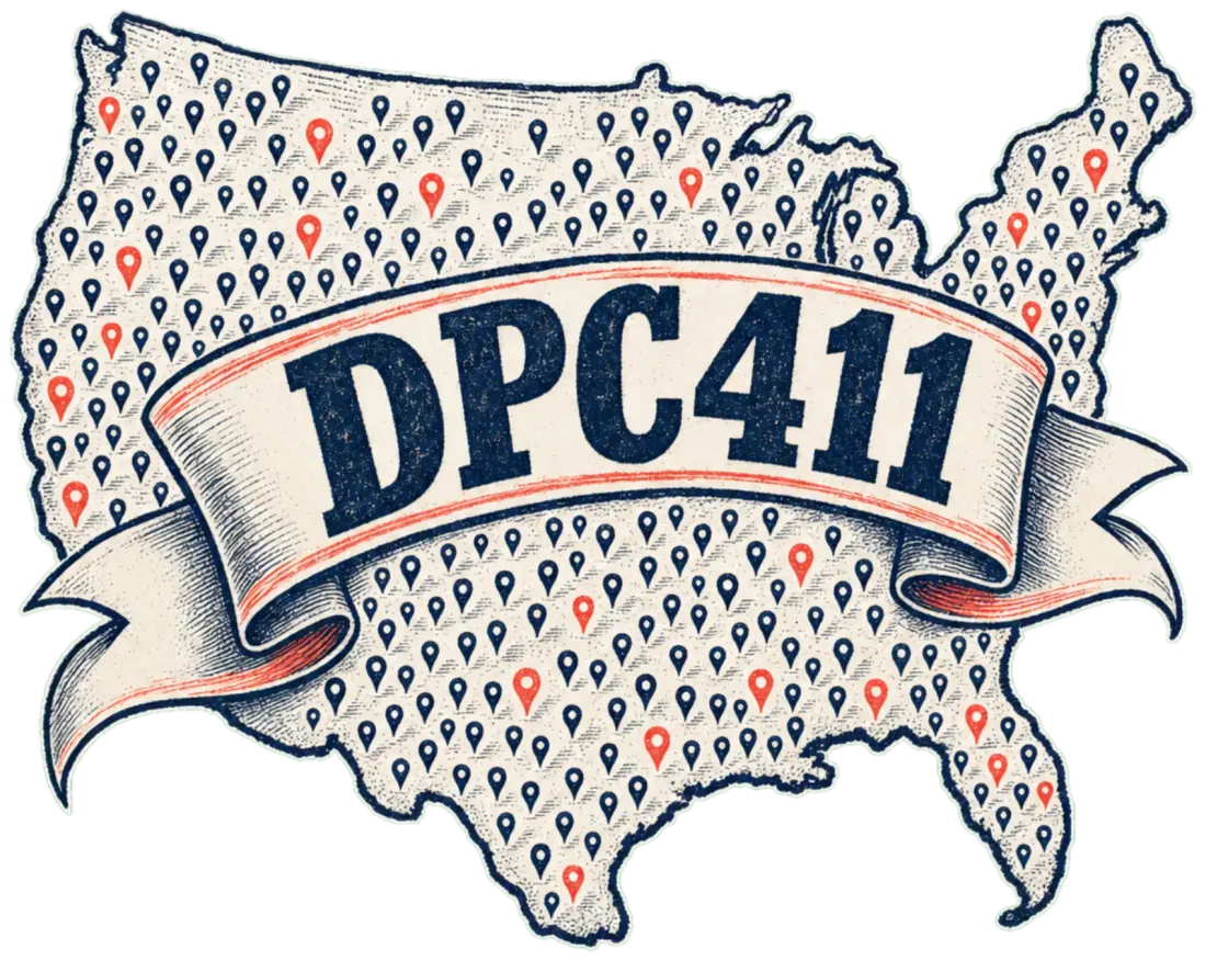 dpc411.com shown as a US map dotted with clinic locations