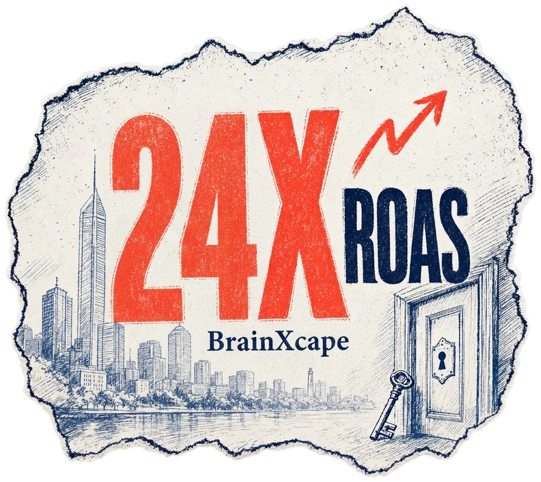 About a 24X average Google Ads return on ad spend for BrainXcape, a steady 18X to 32X band held since December 2022.