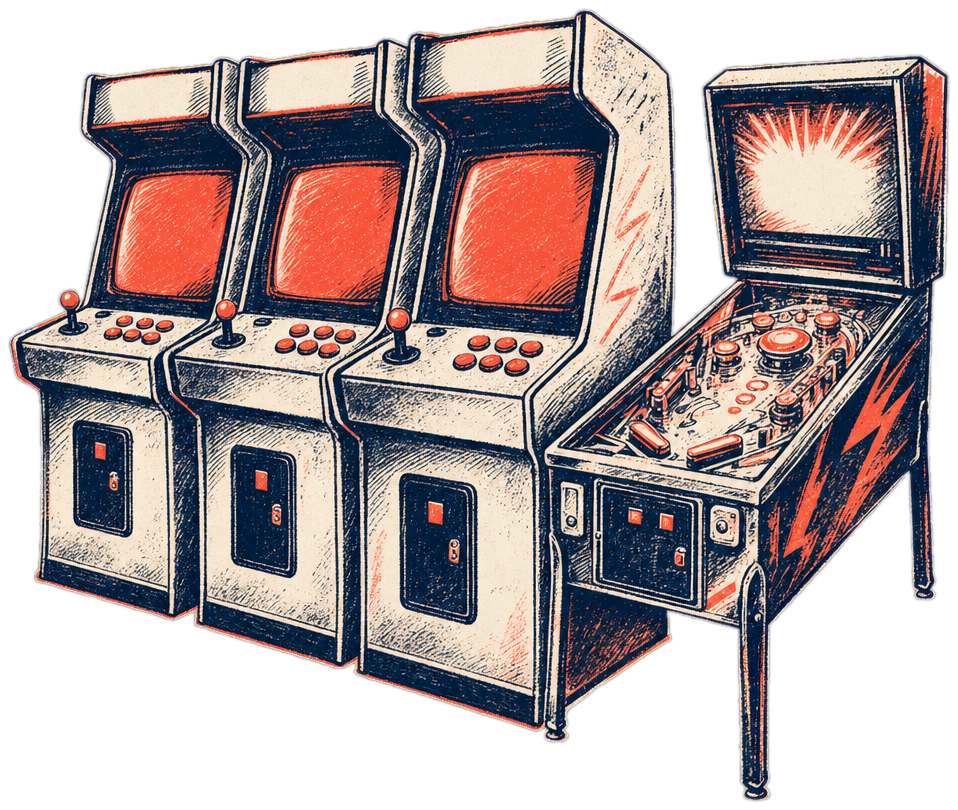 A arcades and barcades venue, illustrated.