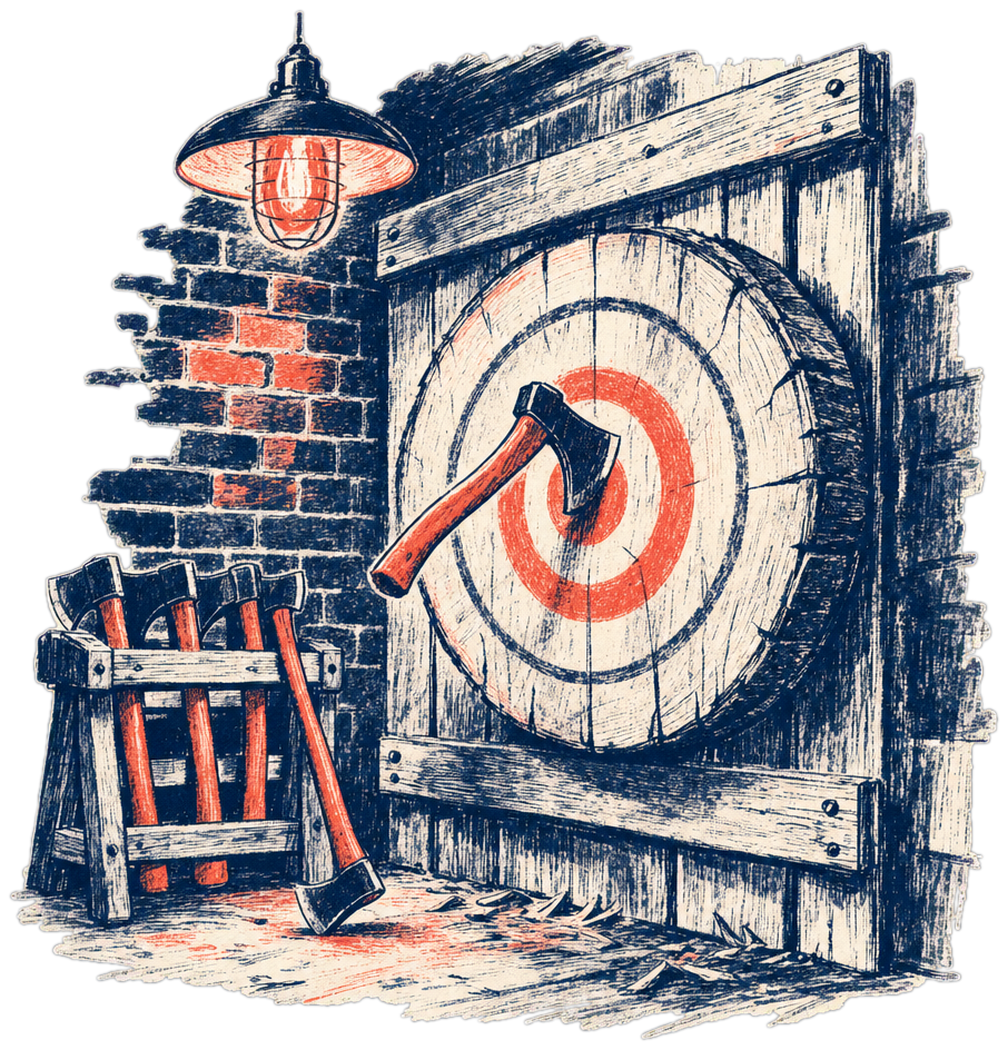 A axe throwing venue, illustrated.