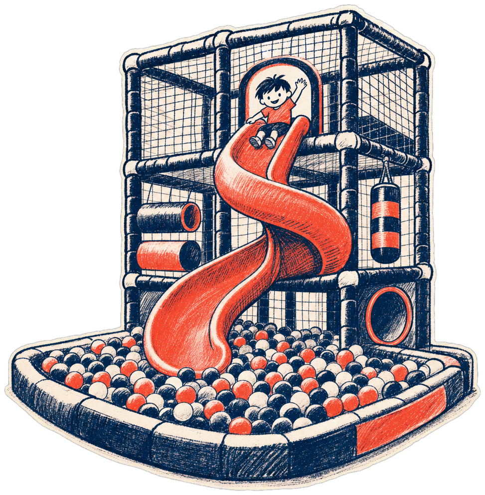 A indoor playgrounds venue, illustrated.