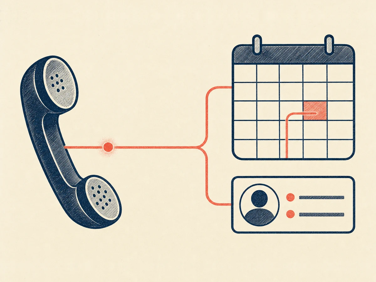 A phone wired to a calendar and a contact card, a lead moving automatically from call to booking.
