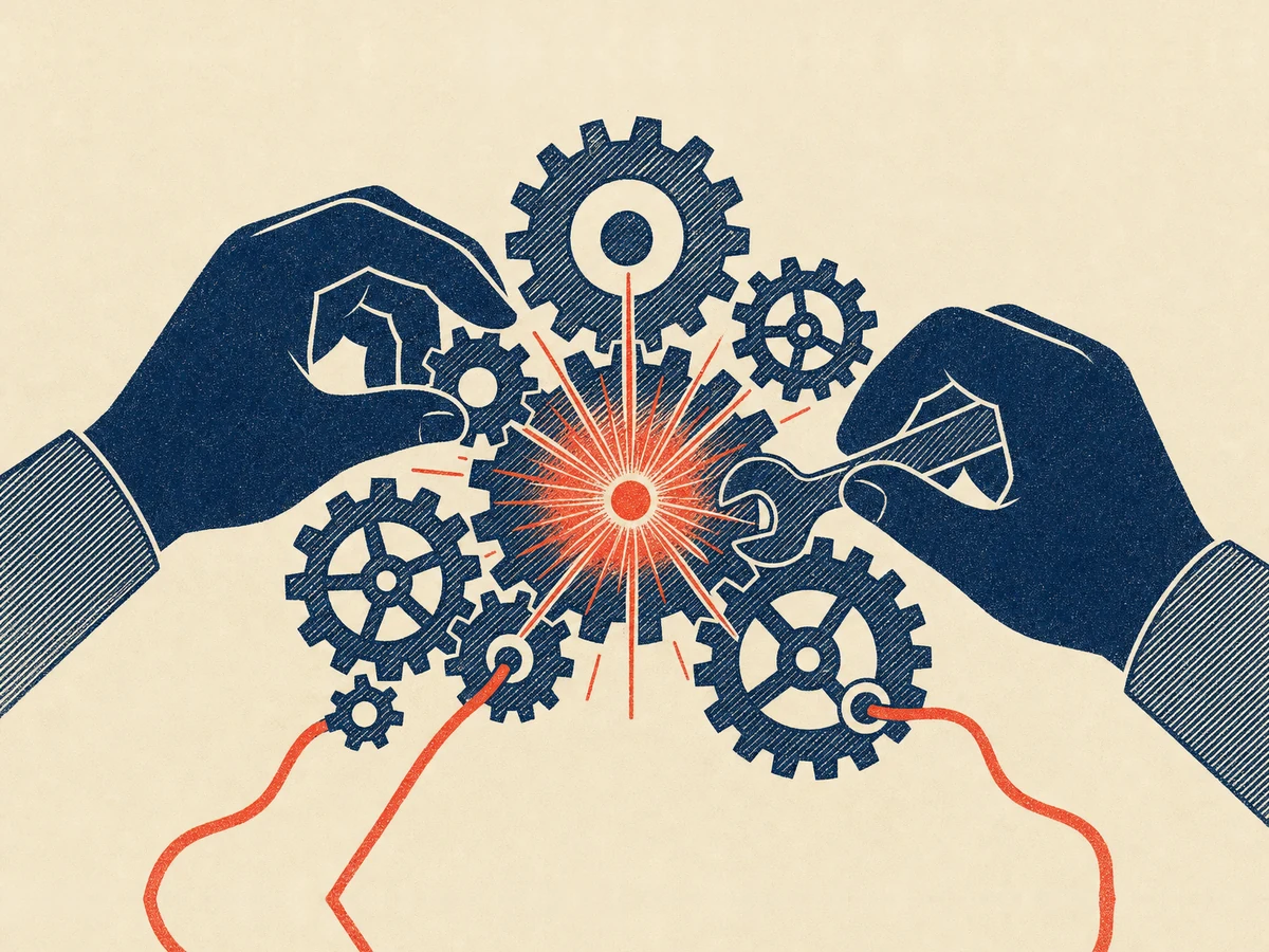 Hands wiring gears together around a bright coral spark, one team that consults and builds.