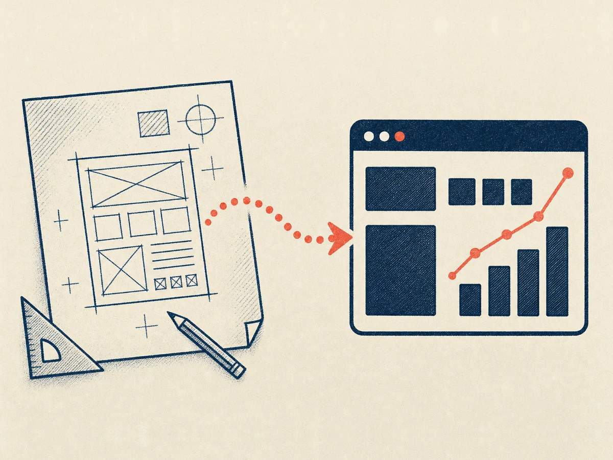 A plan flowing into a running software dashboard, advice that ends in shipped software.