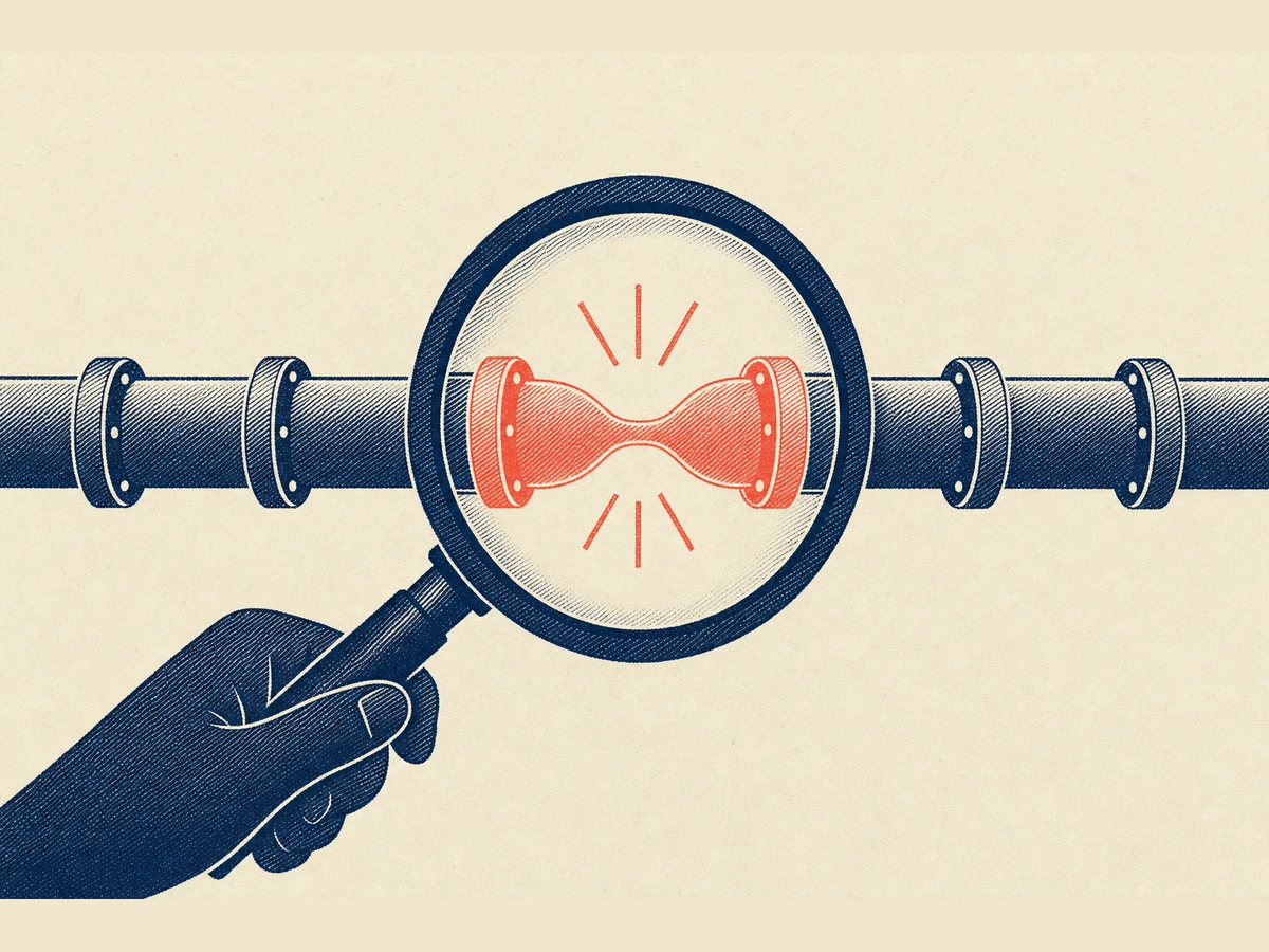 A magnifying glass over a pipe, finding the one pinched point where the business leaks.