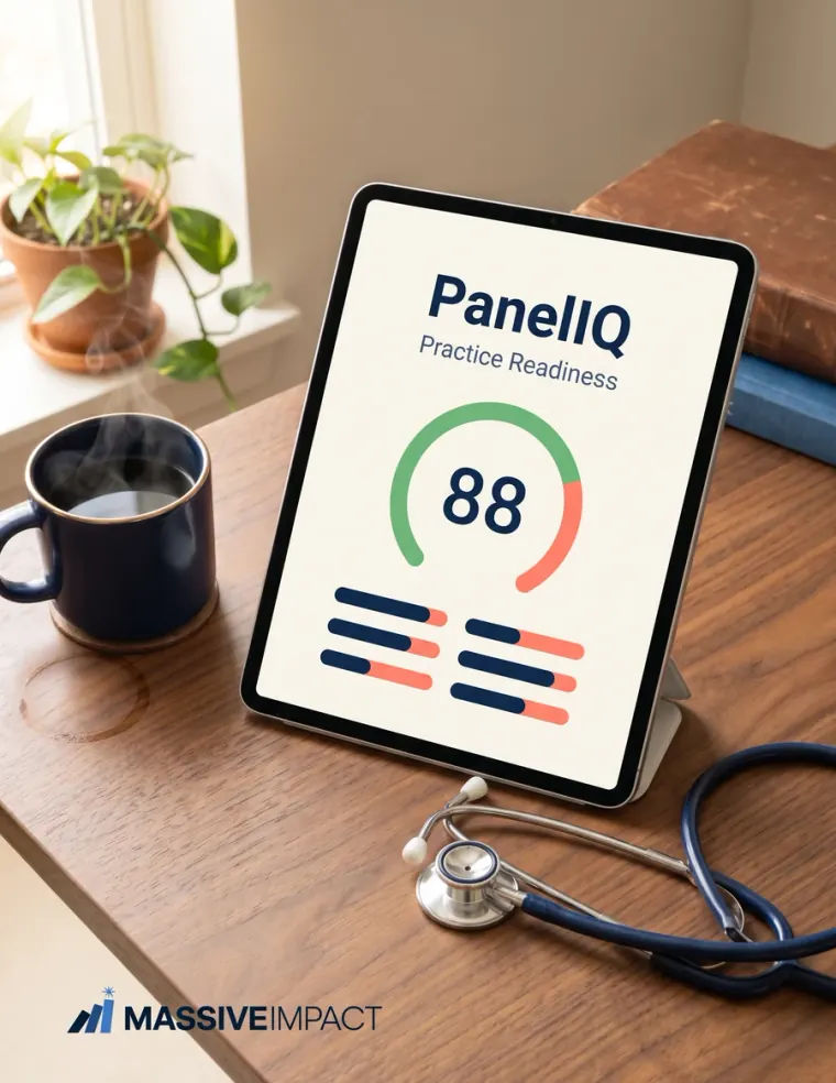 PanelIQ, the DPC practice readiness audit, shown on a tablet