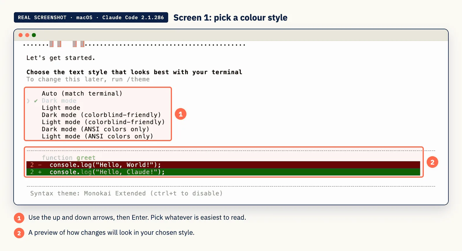 Real screenshot: first run, pick a colour style