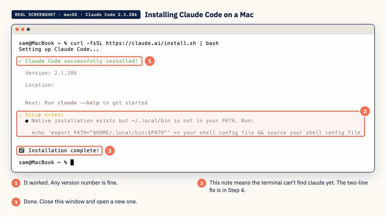 Real screenshot: installing Claude Code on a Mac