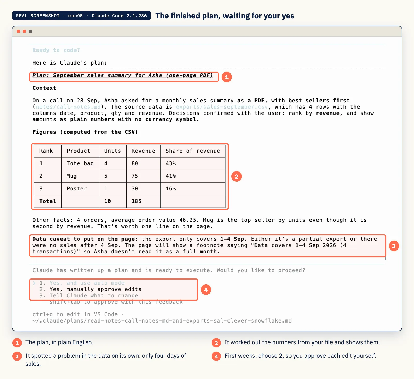 Real screenshot: a finished plan waiting for approval