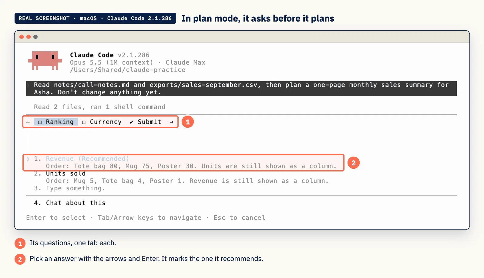 Real screenshot: plan mode asking questions