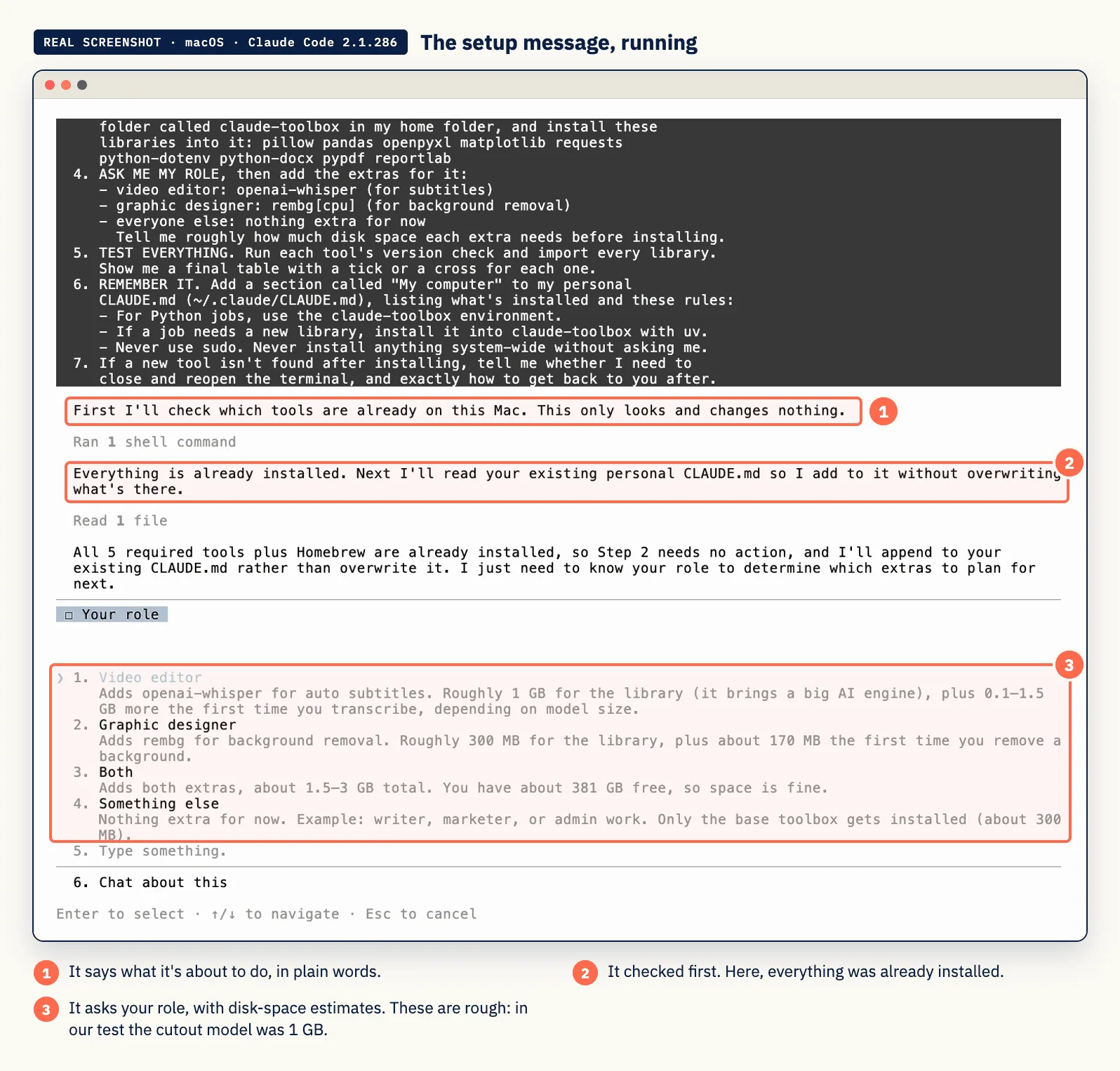 Real screenshot: the setup message running