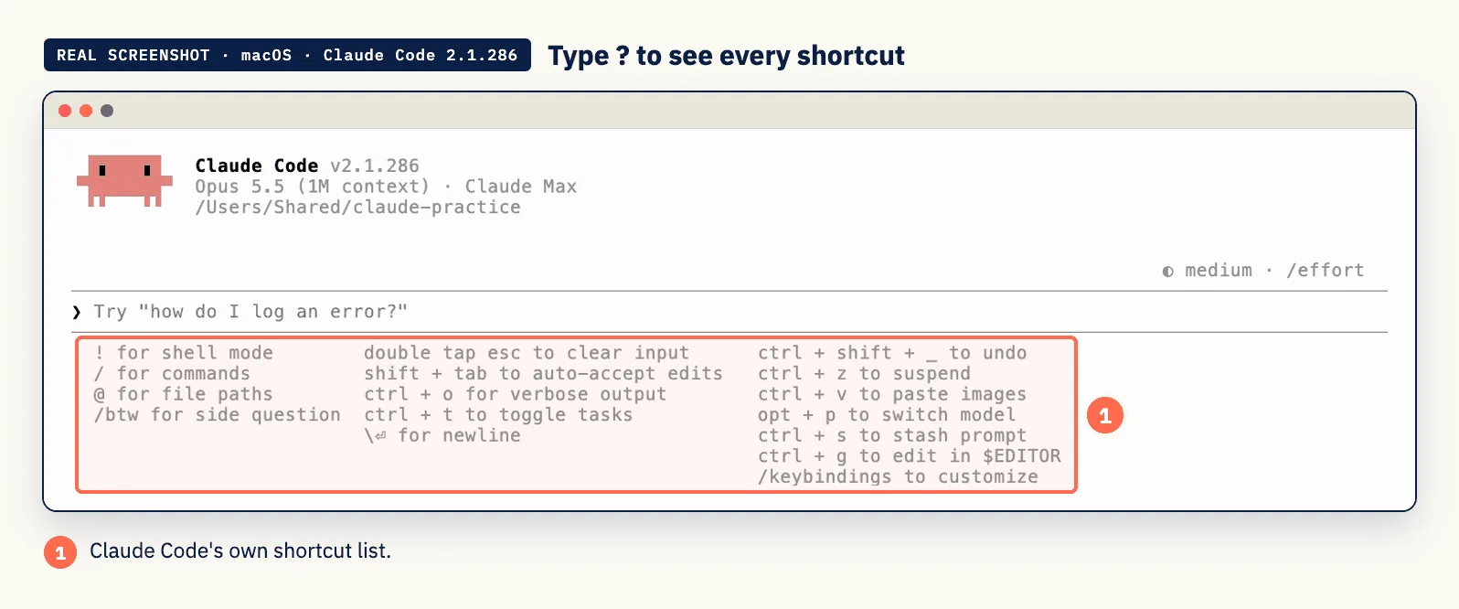 Real screenshot: the keyboard shortcut list