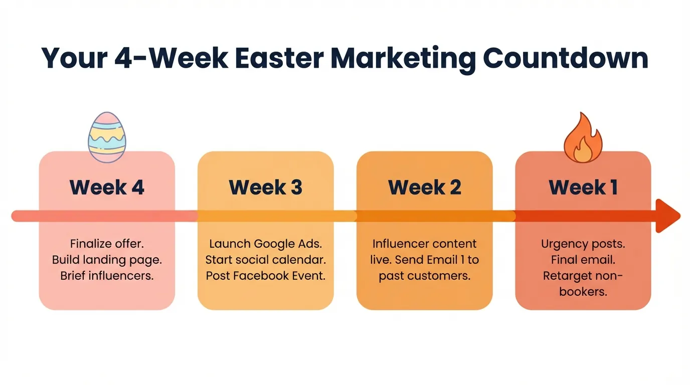 Your 4-Week Easter Marketing Countdown, Timeline Infographic Horizontal timeline showing 4-week Easter marketing countdown with coral to orange-red blocks, flame icon over Week 1 urgency stage