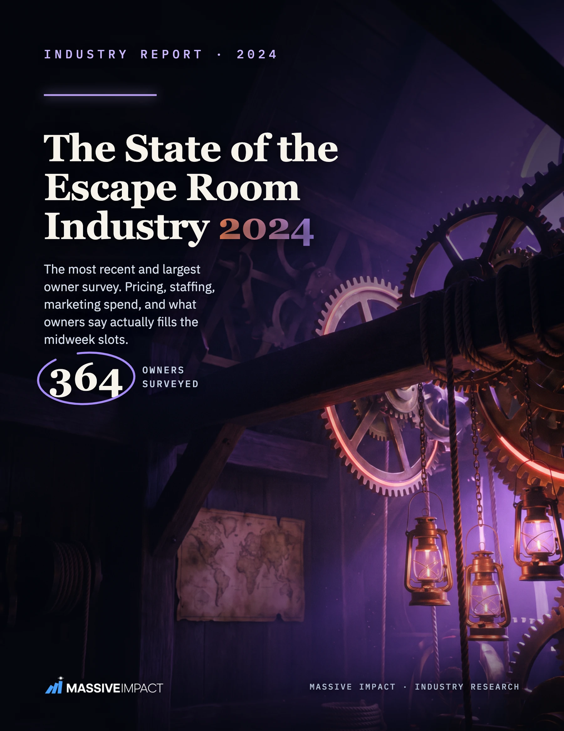 State of the Escape Room Industry 2024 report cover, 364 owners surveyed, by Massive Impact.