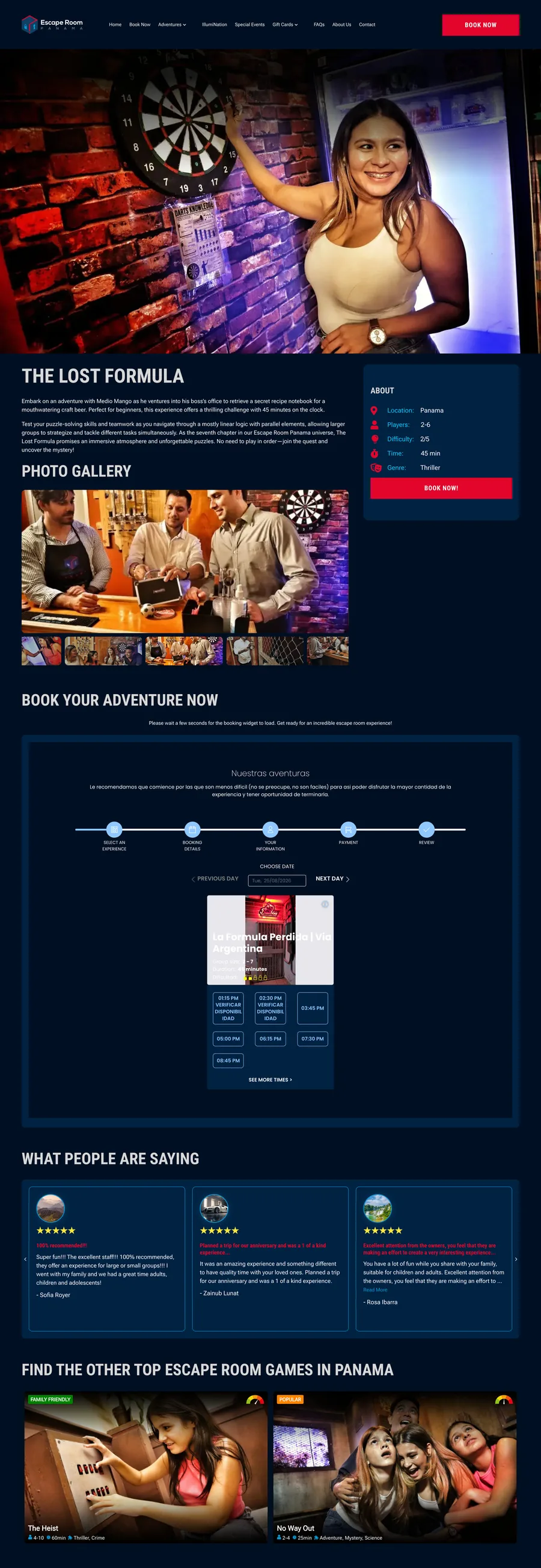 A page from the Escape Room Panama website, designed by Massive Impact.
