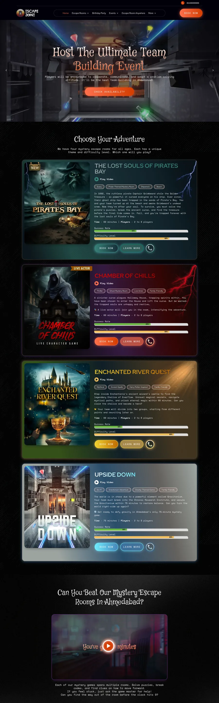 A page from the Escape Zone website, designed by Massive Impact.