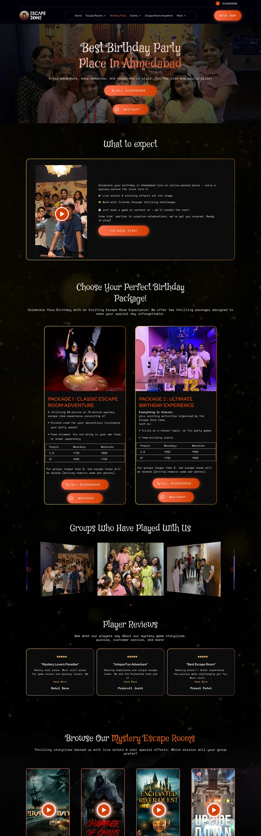A page from the Escape Zone website, designed by Massive Impact.