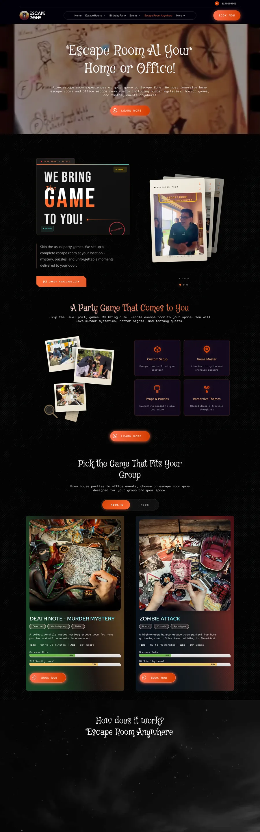 A page from the Escape Zone website, designed by Massive Impact.