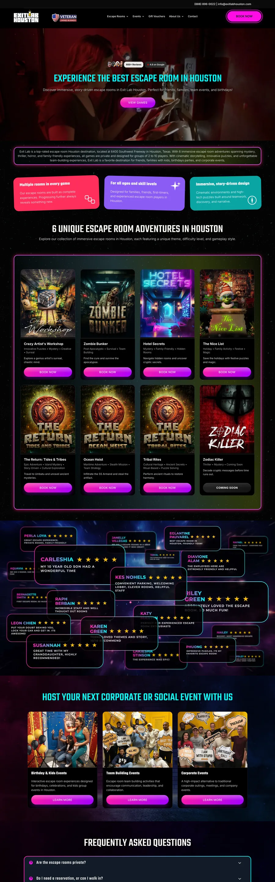 A page from the Exit Lab Houston website, designed by Massive Impact.