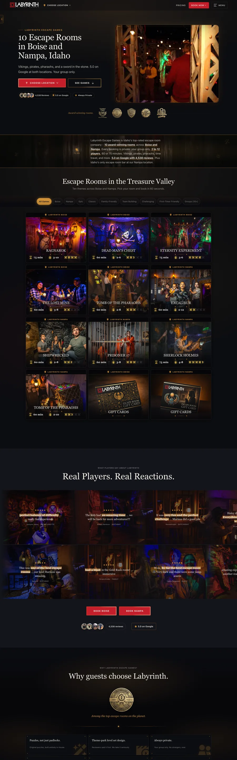 A page from the Labyrinth Escape Games website, designed by Massive Impact.