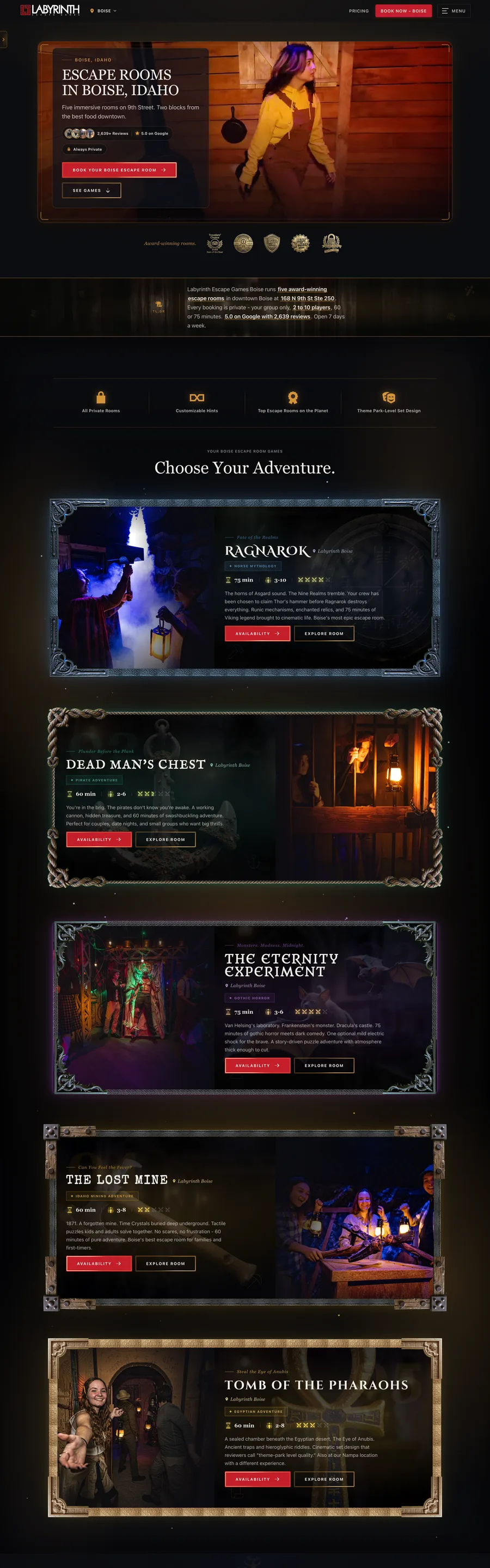 A page from the Labyrinth Escape Games website, designed by Massive Impact.