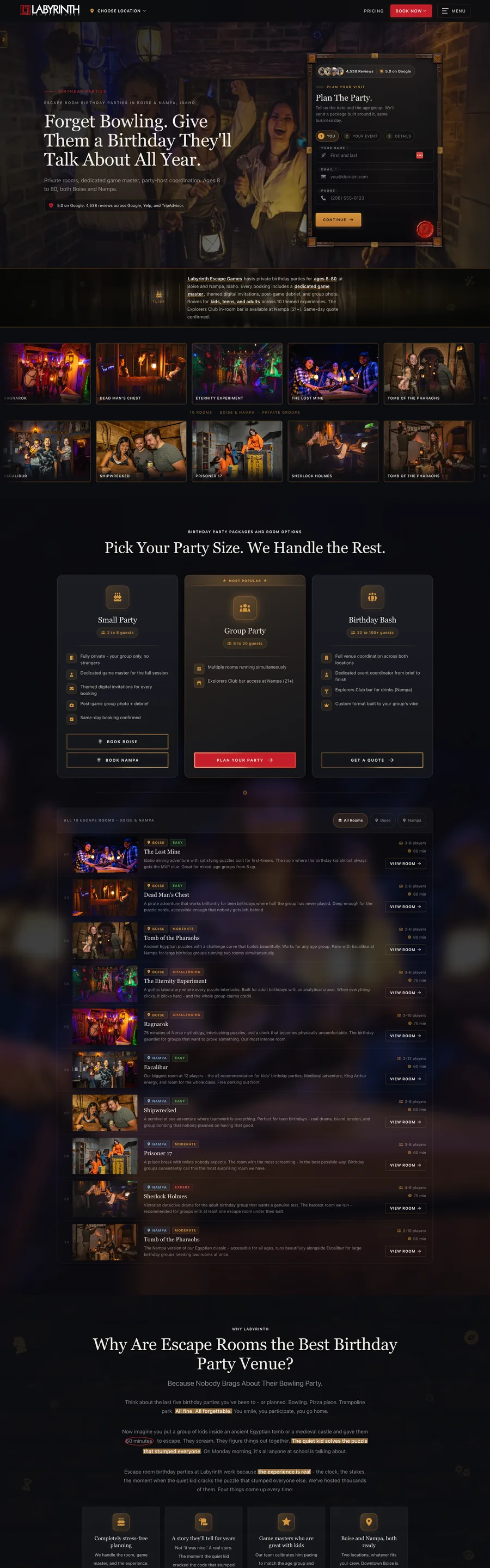 A page from the Labyrinth Escape Games website, designed by Massive Impact.