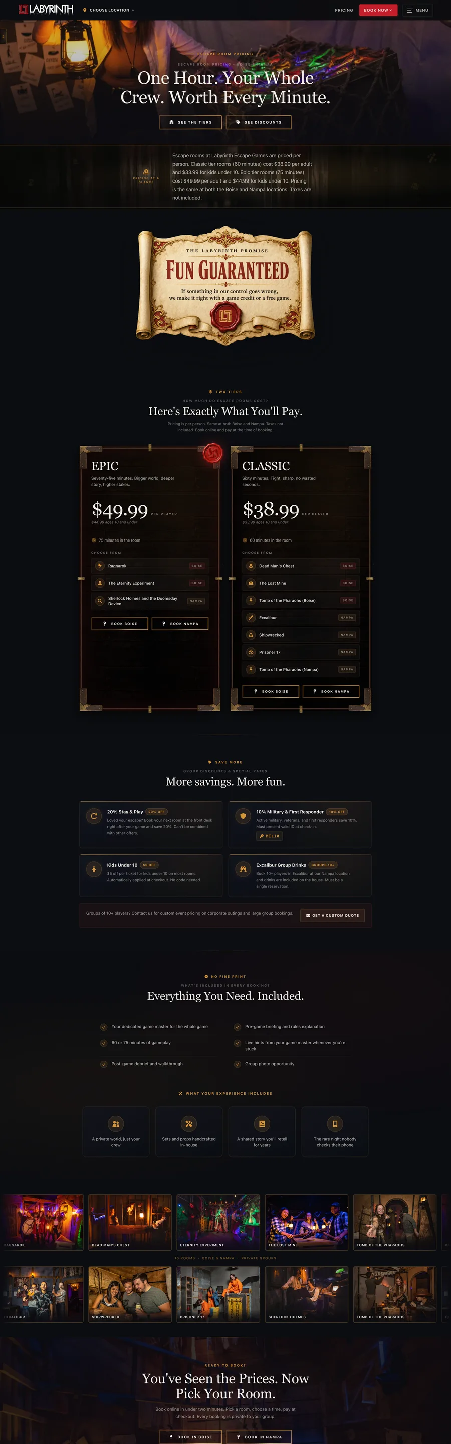 A page from the Labyrinth Escape Games website, designed by Massive Impact.
