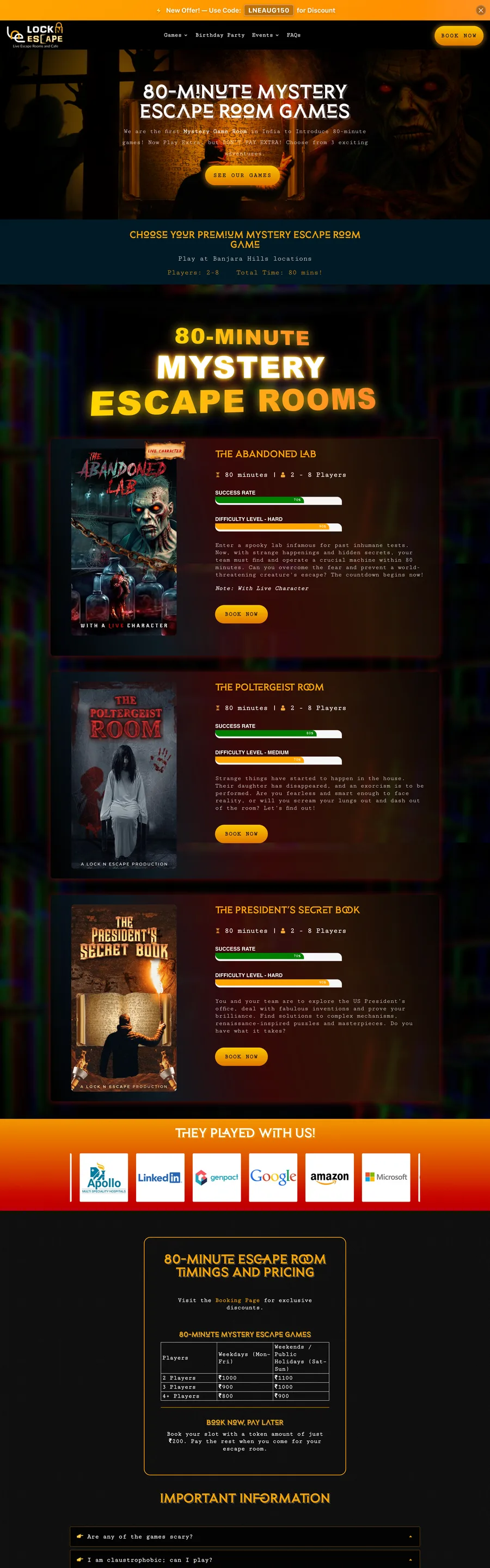 A page from the Lock N Escape website, designed by Massive Impact.