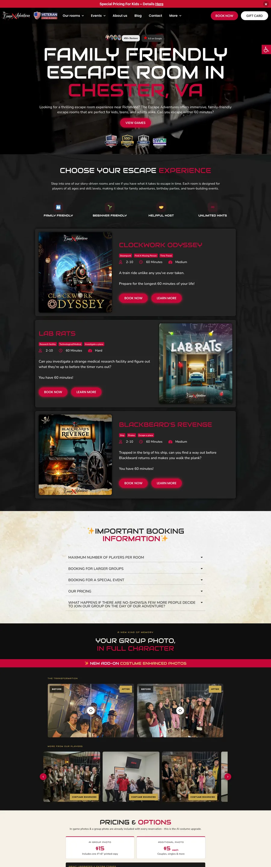 A page from the The Escape Adventures website, designed by Massive Impact.