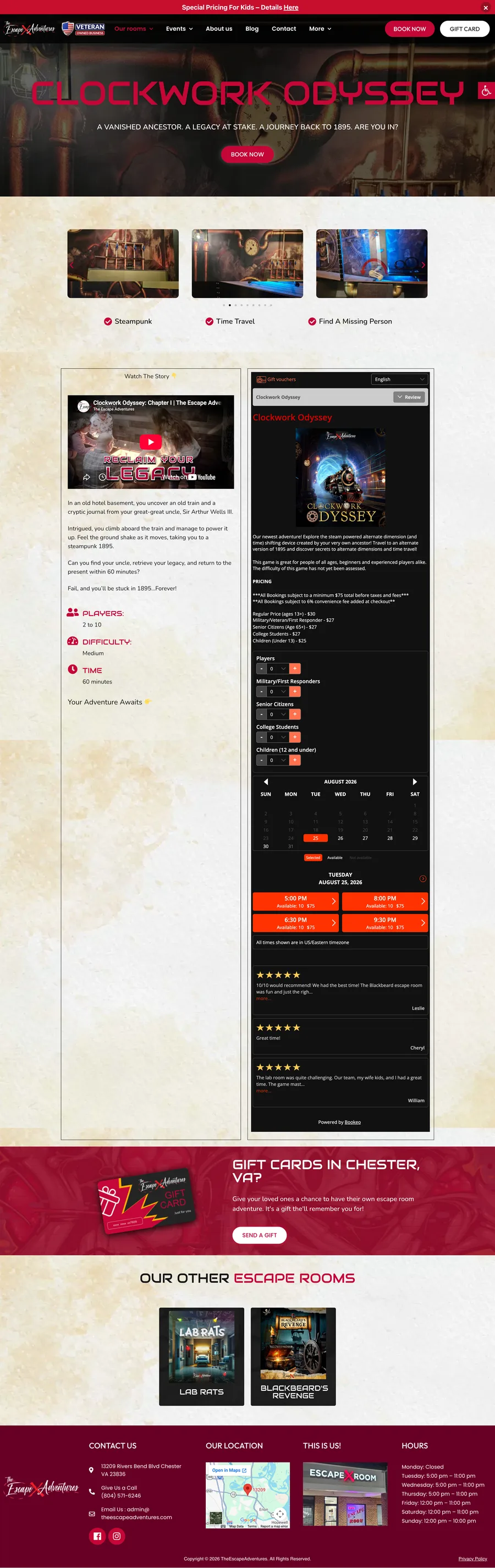 A page from the The Escape Adventures website, designed by Massive Impact.
