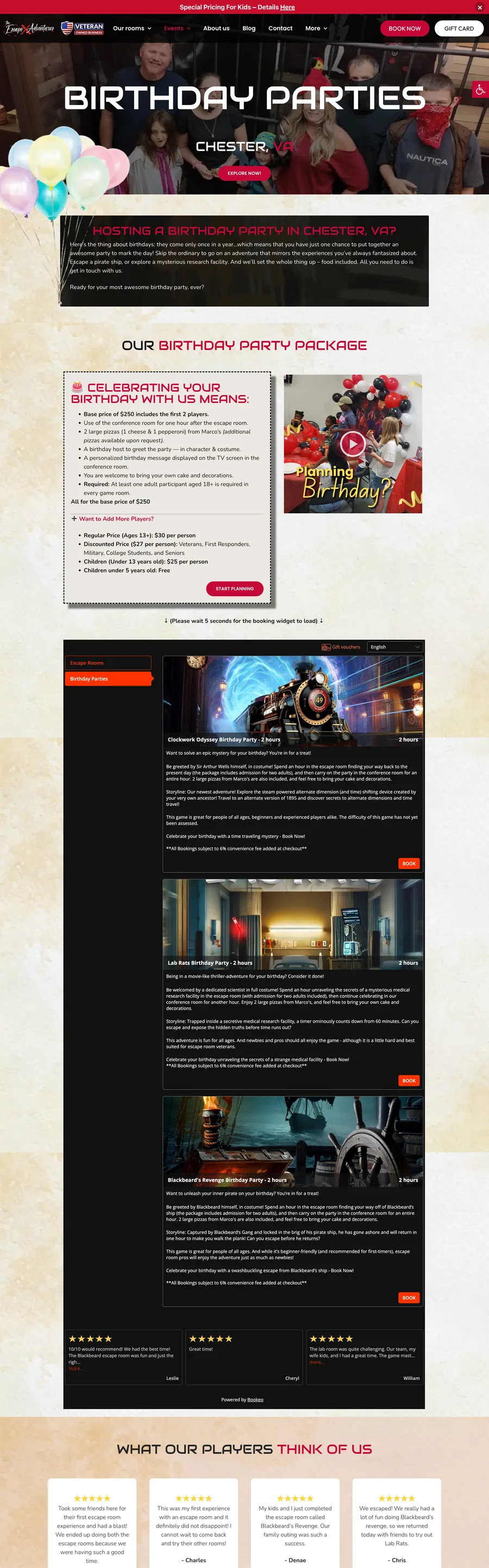 A page from the The Escape Adventures website, designed by Massive Impact.