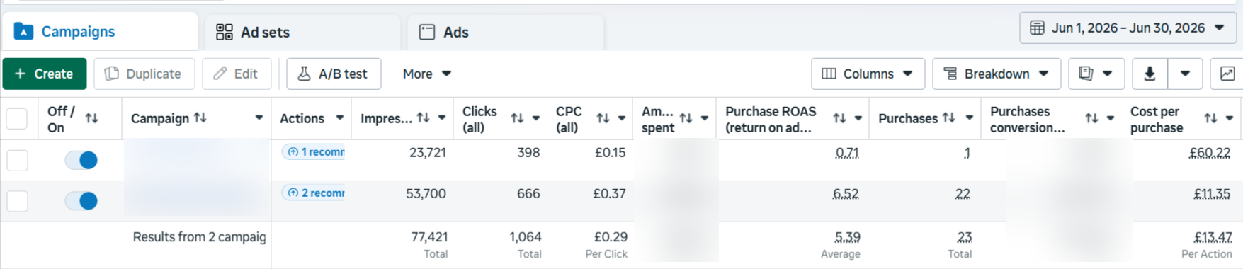 Game Over Calgary's Meta Ads dashboard showing a 5.39 average purchase ROAS in June 2026, with spend and revenue blurred.