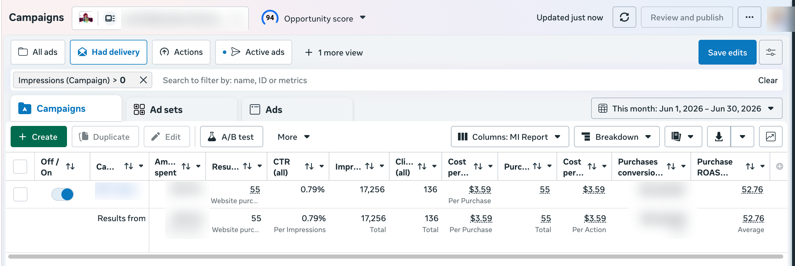 Lost Reality's Meta Ads dashboard showing a 52.76 purchase ROAS in June 2026, with spend and revenue blurred.