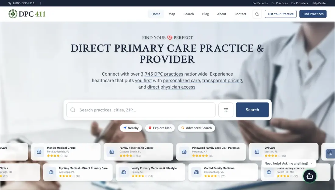 dpc411.com, the largest US Direct Primary Care directory, listing over 3,700 practices from Massive Impact's research.