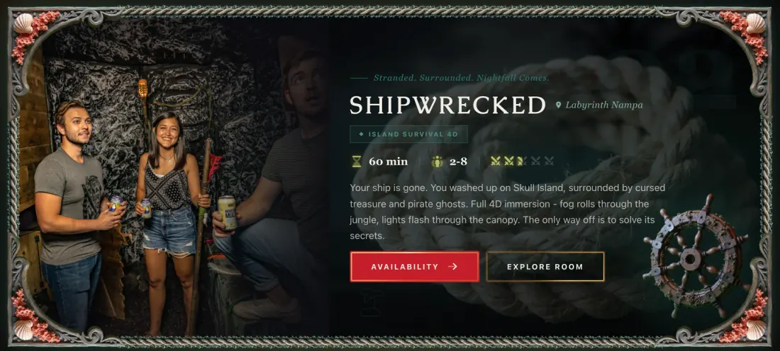 Massive Impact escape-room card for the Shipwrecked room at Labyrinth Nampa, with themed art, stats, and booking buttons.