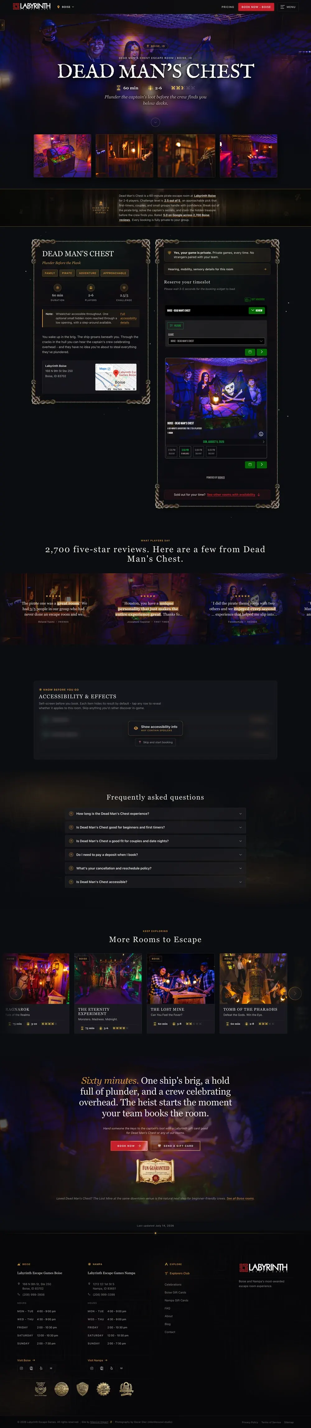 An Escape Room Booking Page by Massive Impact for Dead Man's Chest at Labyrinth, a full single-room landing and booking page.