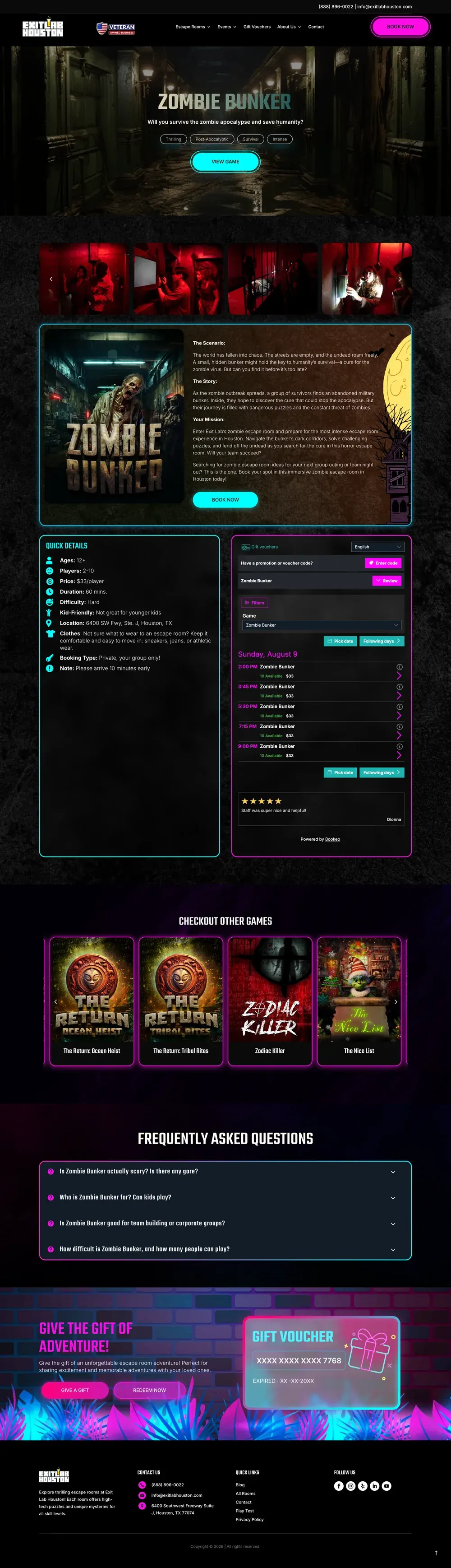 An Escape Room Booking Page by Massive Impact for Zombie Bunker at Exit Lab Houston.