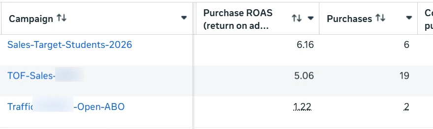 Meta Ads 2026 campaigns: Sales-Target-Students-2026 at 6.16x ROAS, TOF-Sales at 5.06x ROAS