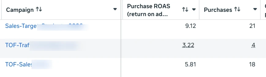 Meta Ads sales campaigns, July 2025: Sales-Target campaign at 9.12x ROAS, TOF-Sales at 5.81x ROAS