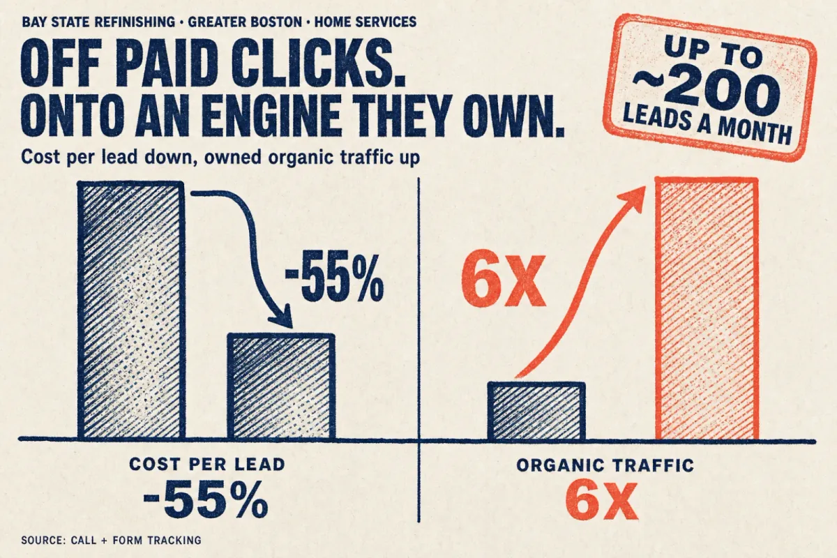A Bay State Refinishing chart: cost per lead fell 55 percent while organic traffic grew sixfold.