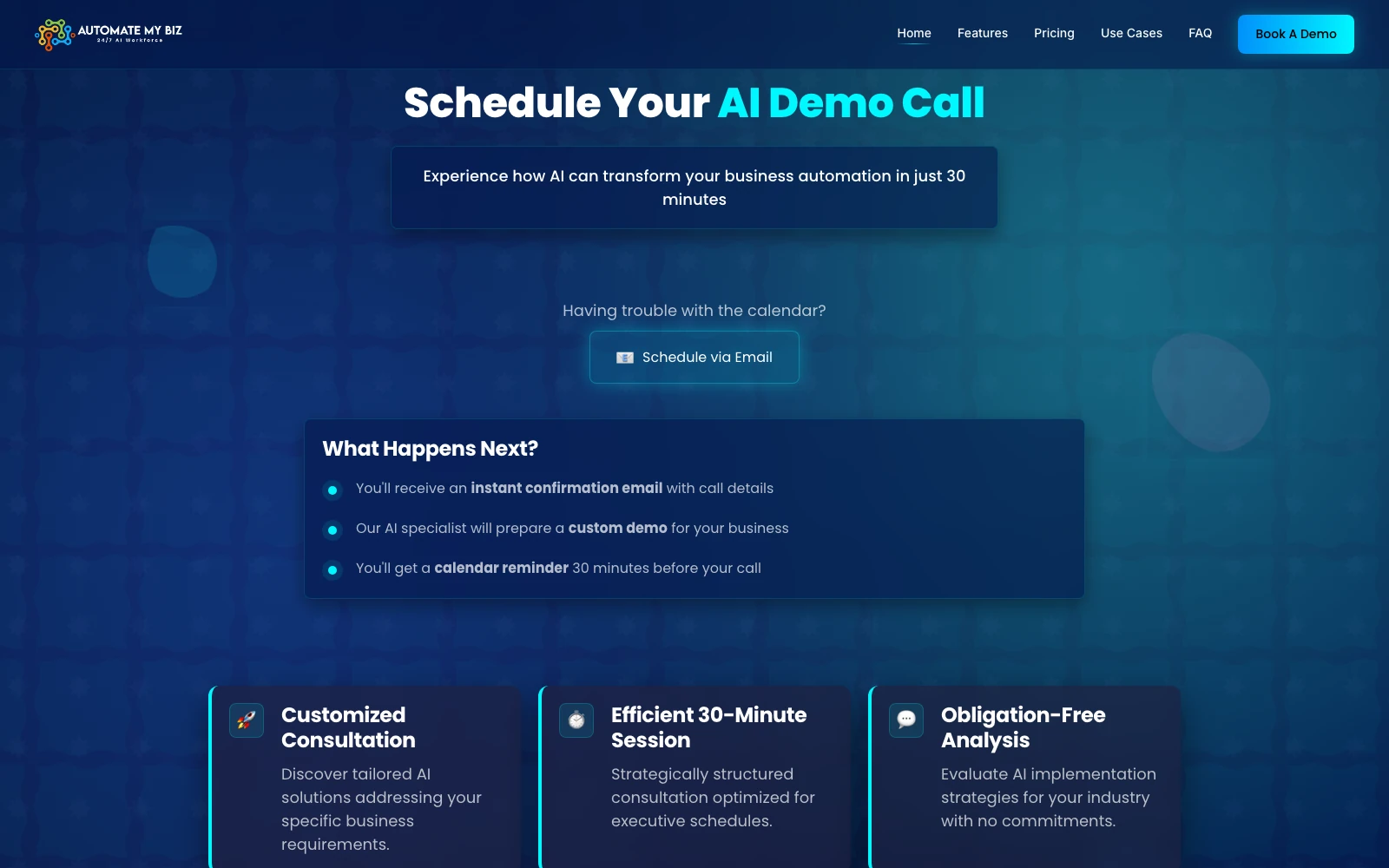 The AutomateMyBiz Voice AI interface, the AI receptionist Massive Impact builds and runs, handling calls and bookings.