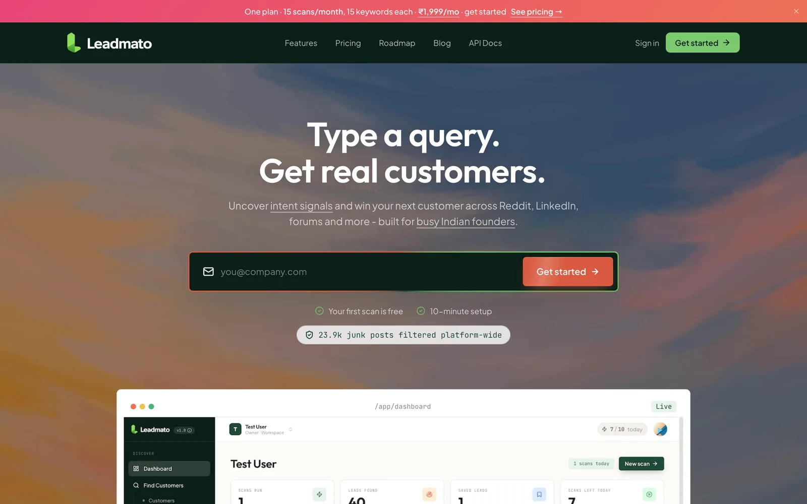 The Leadmato product interface, an intent-signal lead-generation platform built by Massive Impact.