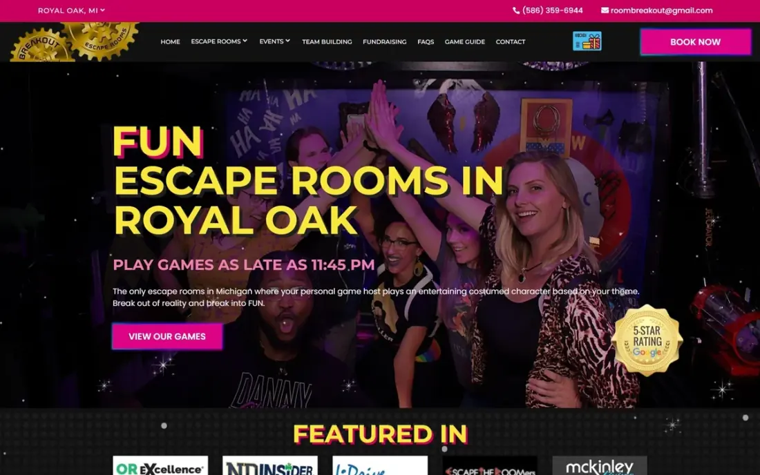 The Breakout Escape Rooms website, built by Massive Impact.